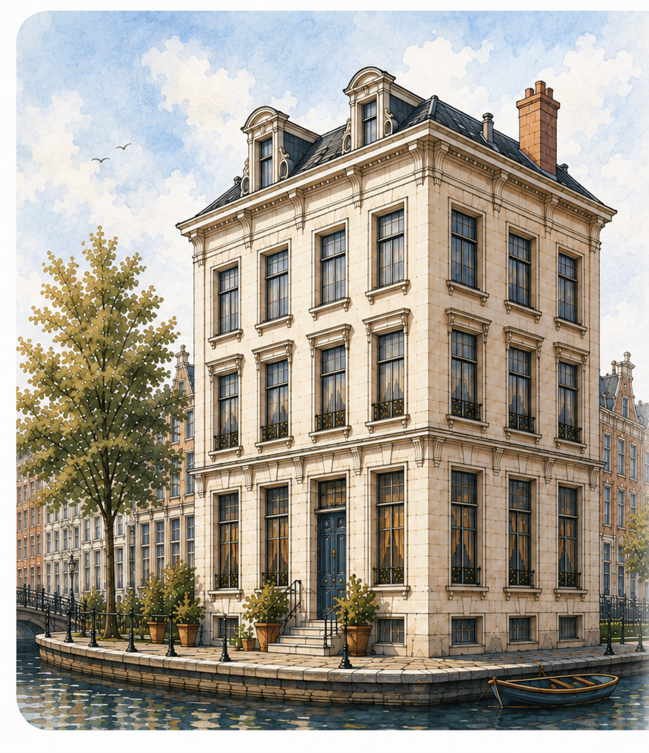 Getekend droomhuis aan een gracht