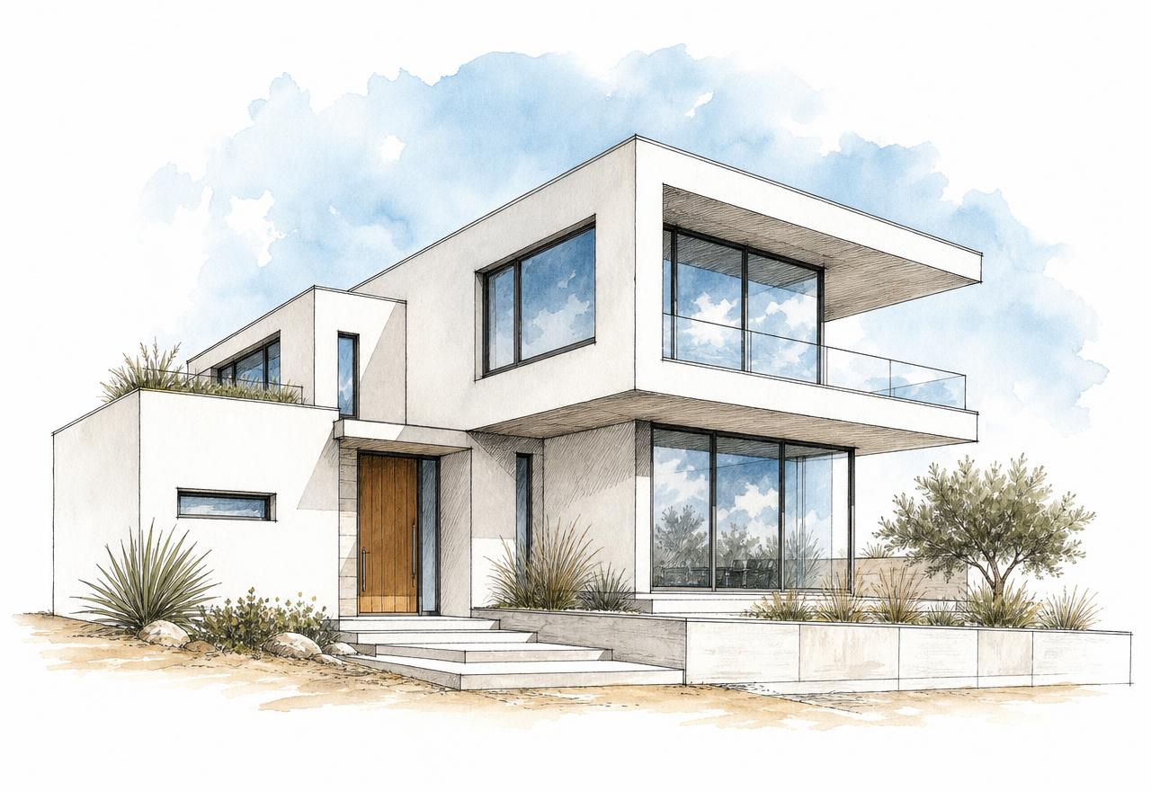 Getekende witte kubistische villa